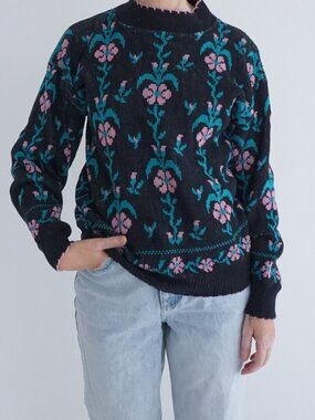 Vintage Black Teal Pink Floral Knit Sweater Retro Pattern Cozy Soft Pullover M